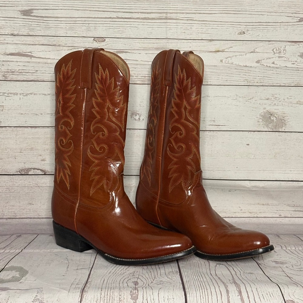 Je-Ver Brown Leather Western Cowboy Boots Pointed Toe Stitched Leon Mexico 27.5